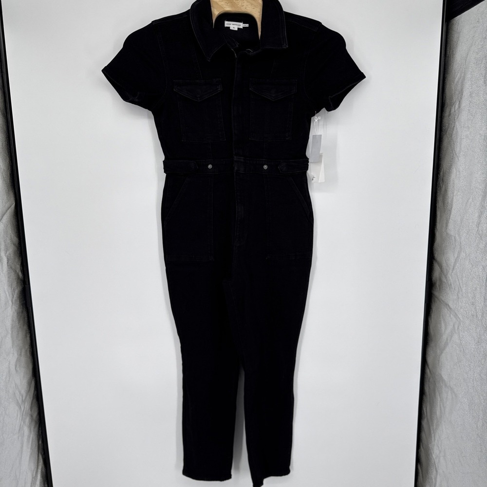 GOOD AMERICAN NWT $199 Black‎ Denim Jean Tie Adjustable Waist Belted Jumpsuit XL